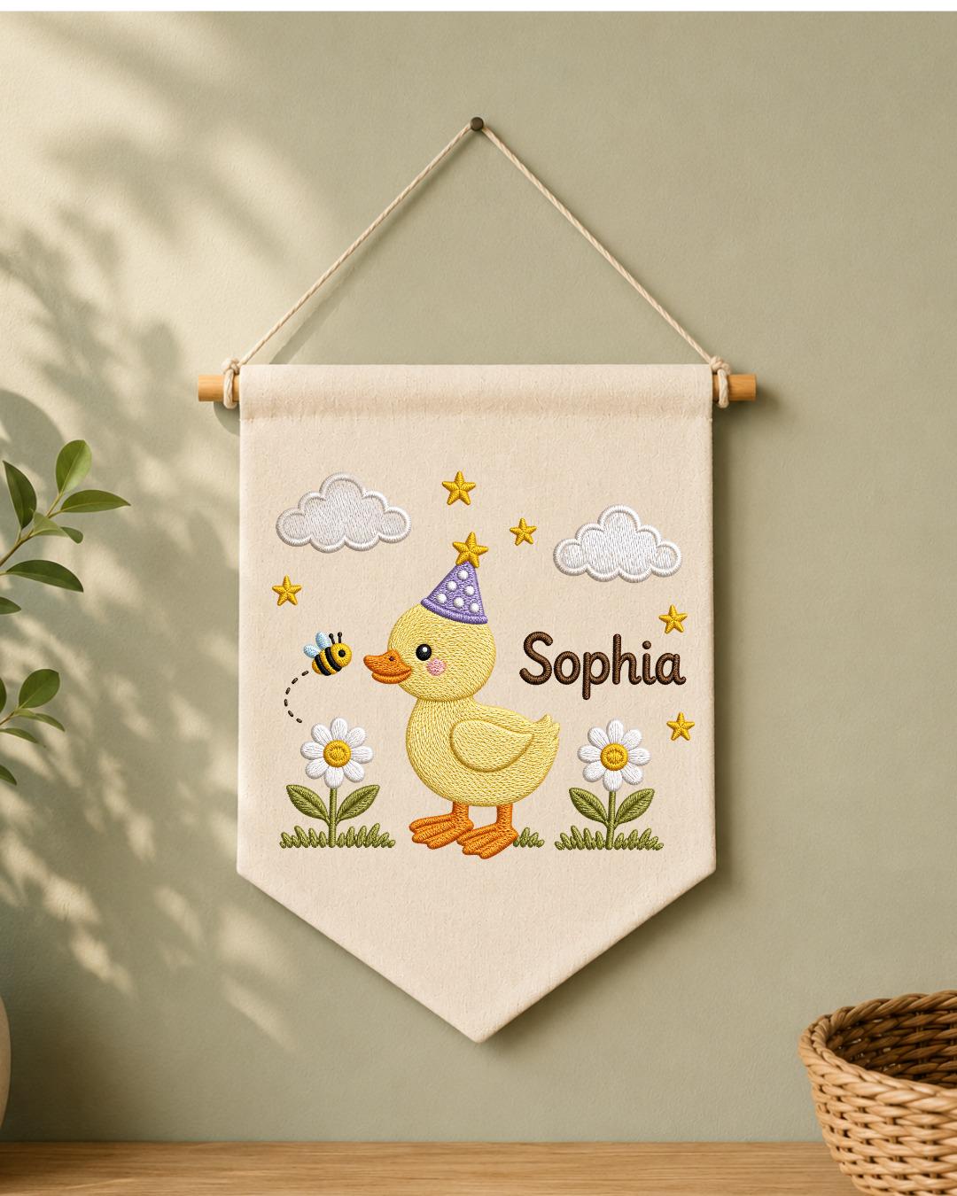 Personalized Duck Nursery Wall Hanging, Custom Name Embroidered Banner, Birthday Duck Bee Floral Baby Girl Room Decor, Cute Nursery Gift