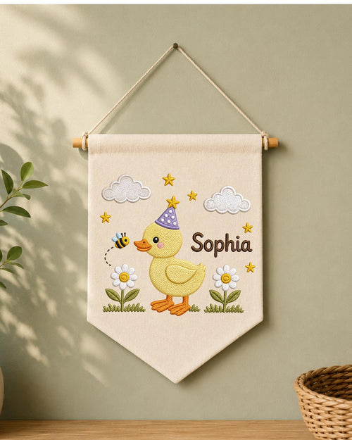Personalized Duck Nursery Wall Hanging, Custom Name Embroidered Banner, Birthday Duck Bee Floral Baby Girl Room Decor, Cute Nursery Gift