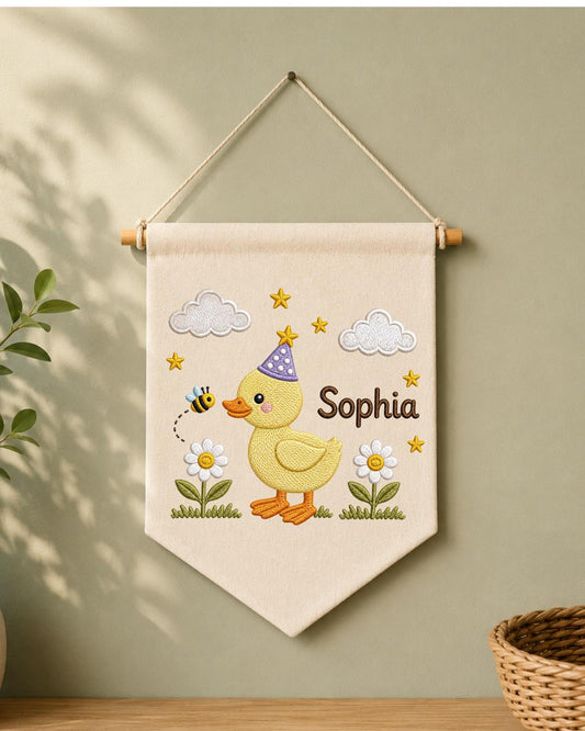 Personalized Duck Nursery Wall Hanging, Custom Name Embroidered Banner, Birthday Duck Bee Floral Baby Girl Room Decor, Cute Nursery Gift