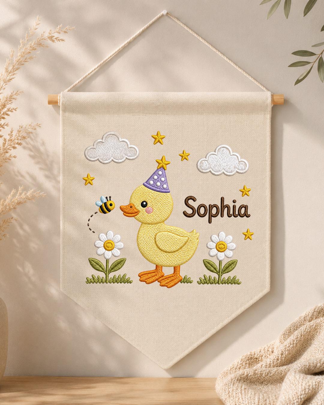 Personalized Duck Nursery Wall Hanging, Custom Name Embroidered Banner, Birthday Duck Bee Floral Baby Girl Room Decor, Cute Nursery Gift