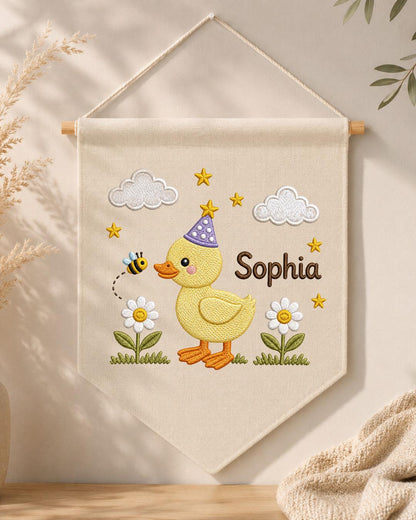 Personalized Duck Nursery Wall Hanging, Custom Name Embroidered Banner, Birthday Duck Bee Floral Baby Girl Room Decor, Cute Nursery Gift