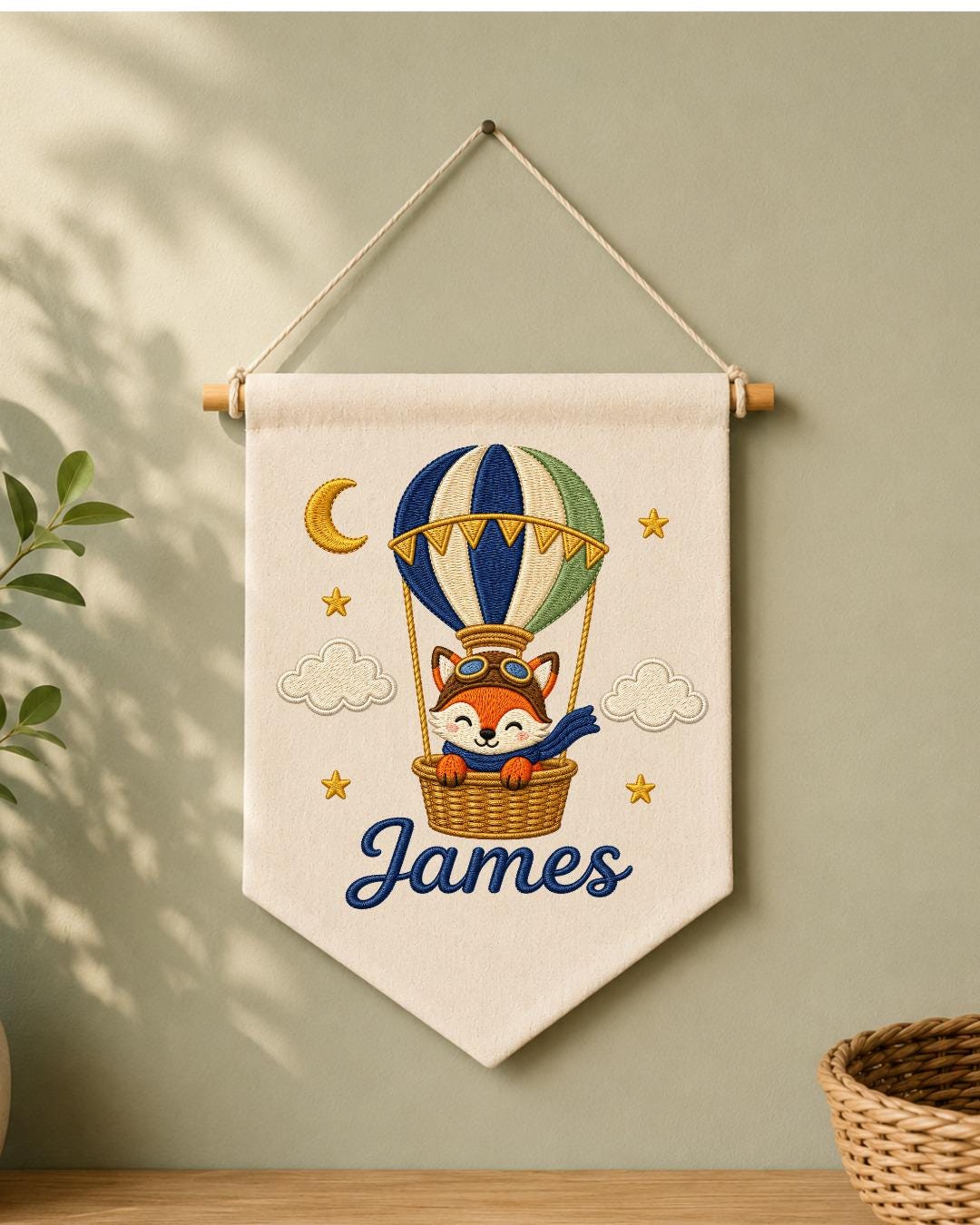Personalized Fox Hot Air Balloon Wall Hanging, Custom Name Embroidered Banner, Woodland Nursery Decor, Baby Boy Adventure Room Gift