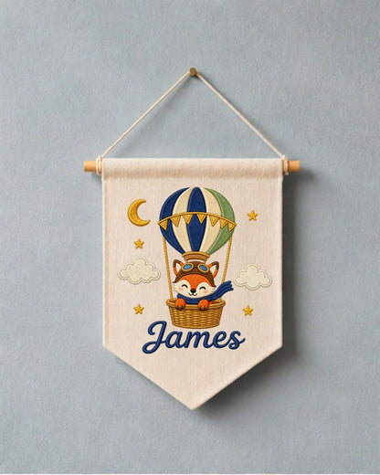 Personalized Fox Hot Air Balloon Wall Hanging, Custom Name Embroidered Banner, Woodland Nursery Decor, Baby Boy Adventure Room Gift
