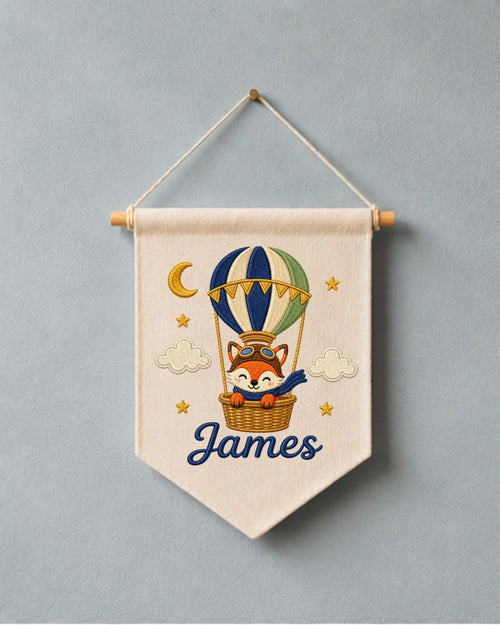 Personalized Fox Hot Air Balloon Wall Hanging, Custom Name Embroidered Banner, Woodland Nursery Decor, Baby Boy Adventure Room Gift