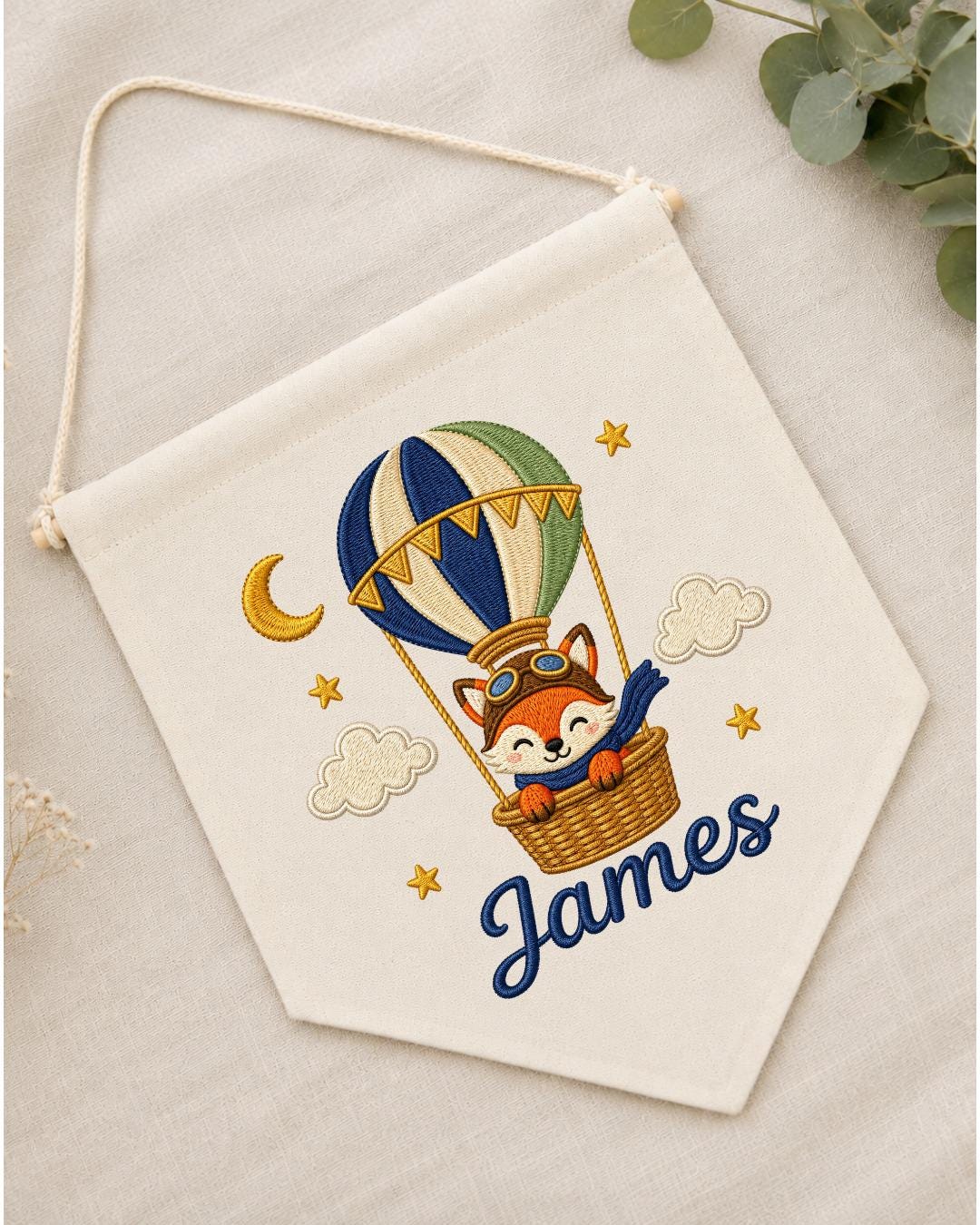 Personalized Fox Hot Air Balloon Wall Hanging, Custom Name Embroidered Banner, Woodland Nursery Decor, Baby Boy Adventure Room Gift