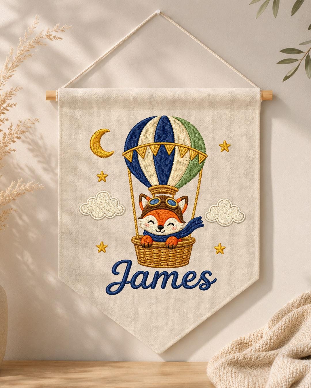 Personalized Fox Hot Air Balloon Wall Hanging, Custom Name Embroidered Banner, Woodland Nursery Decor, Baby Boy Adventure Room Gift