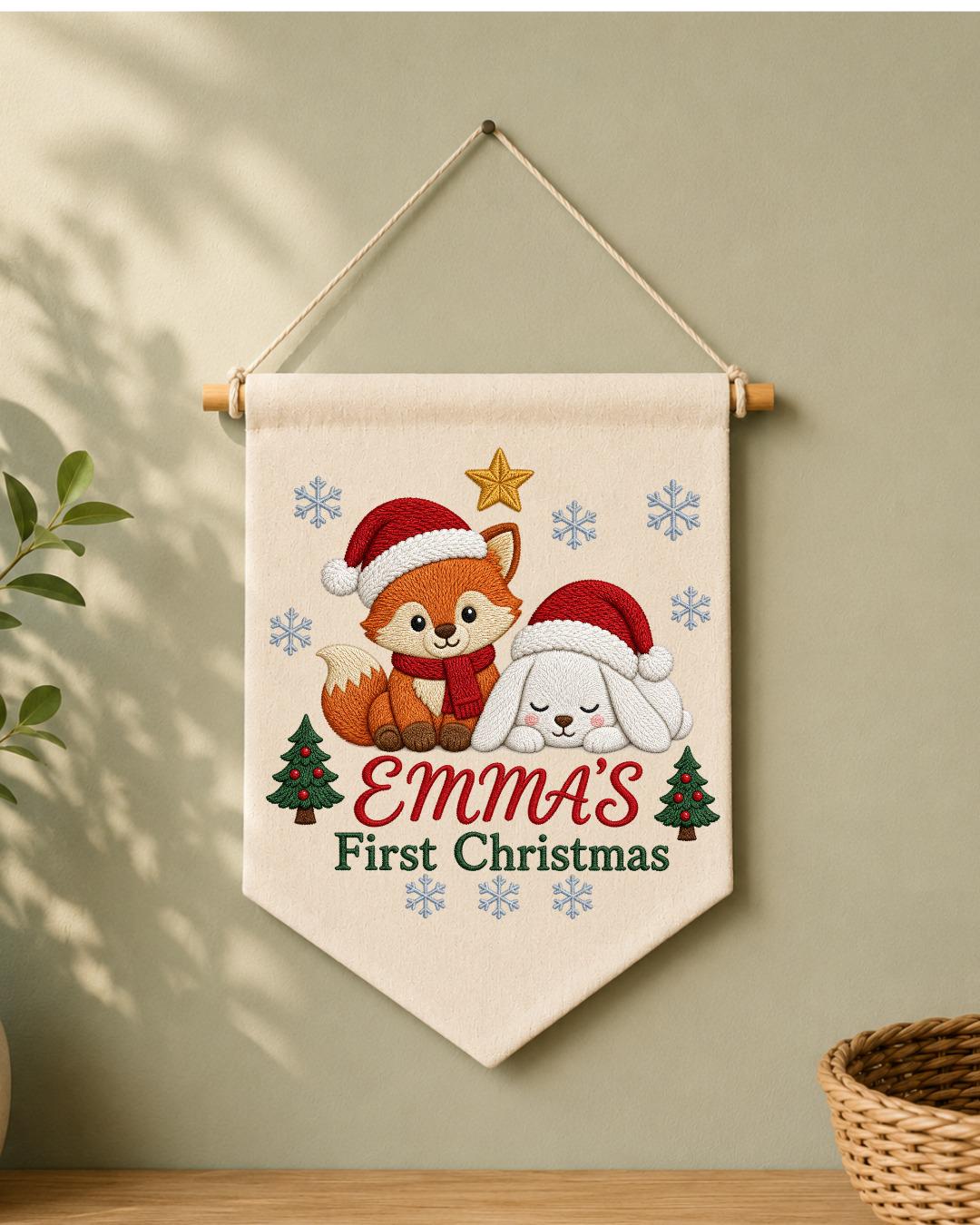 Personalized First Christmas Wall Hanging, Custom Name Embroidered Banner, Fox Bunny Christmas Nursery Decor, Baby Girl Holiday Gift