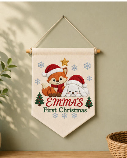 Personalized First Christmas Wall Hanging, Custom Name Embroidered Banner, Fox Bunny Christmas Nursery Decor, Baby Girl Holiday Gift
