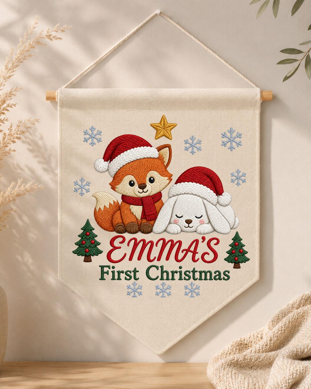 Personalized First Christmas Wall Hanging, Custom Name Embroidered Banner, Fox Bunny Christmas Nursery Decor, Baby Girl Holiday Gift