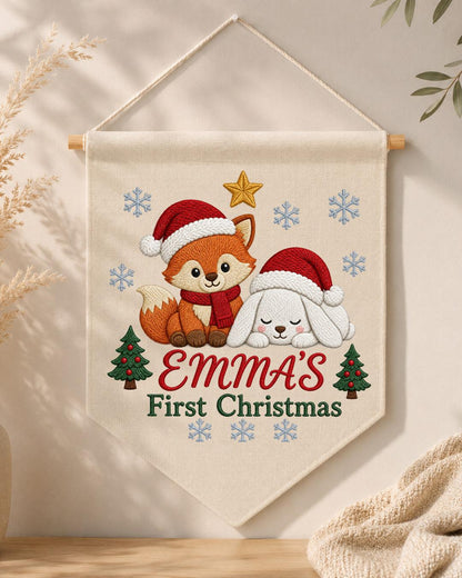 Personalized First Christmas Wall Hanging, Custom Name Embroidered Banner, Fox Bunny Christmas Nursery Decor, Baby Girl Holiday Gift
