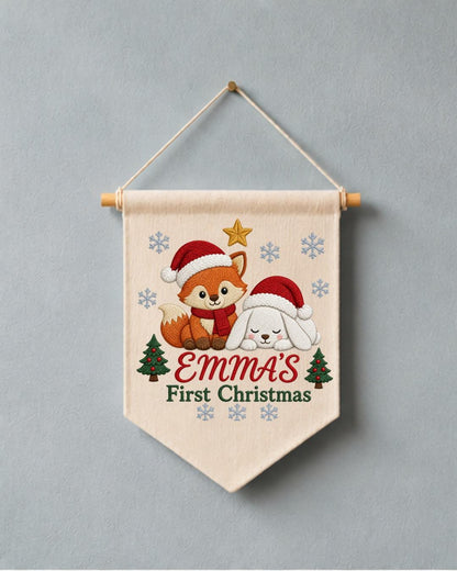 Personalized First Christmas Wall Hanging, Custom Name Embroidered Banner, Fox Bunny Christmas Nursery Decor, Baby Girl Holiday Gift