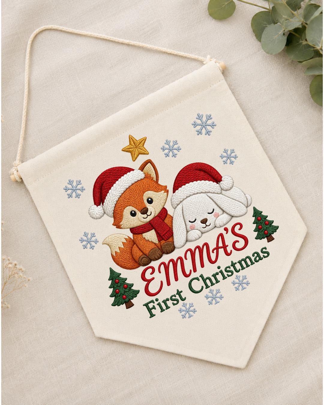 Personalized First Christmas Wall Hanging, Custom Name Embroidered Banner, Fox Bunny Christmas Nursery Decor, Baby Girl Holiday Gift