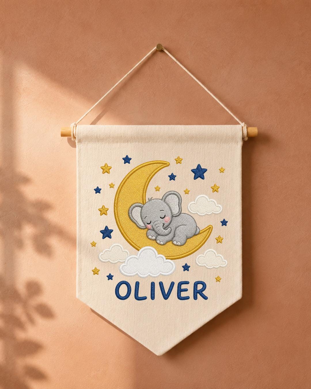 Personalized Elephant Moon Nursery Wall Hanging, Custom Name Embroidered Banner, Sleeping Elephant Baby Boy Room Decor, Celestial Gift