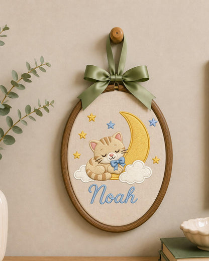 Personalized Sleeping Cat Embroidered Ornament, Custom Baby Name Hoop, Moon and Stars Nursery Decor, Baby Boy Gift, Newborn Keepsake