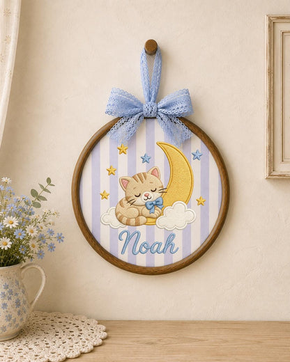 Personalized Sleeping Cat Embroidered Ornament, Custom Baby Name Hoop, Moon and Stars Nursery Decor, Baby Boy Gift, Newborn Keepsake