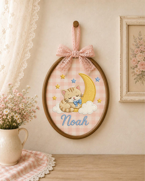 Personalized Sleeping Cat Embroidered Ornament, Custom Baby Name Hoop, Moon and Stars Nursery Decor, Baby Boy Gift, Newborn Keepsake