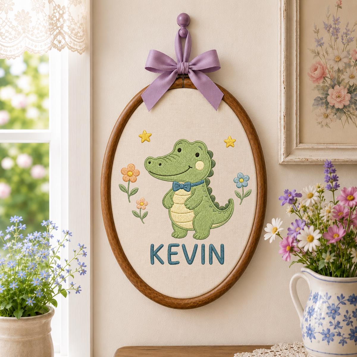 Personalized Cute Crocodile Oval Hoop Decor, Custom Embroidered Alligator Name Sign, Baby Boy Birthday Gift, Safari Nursery Art