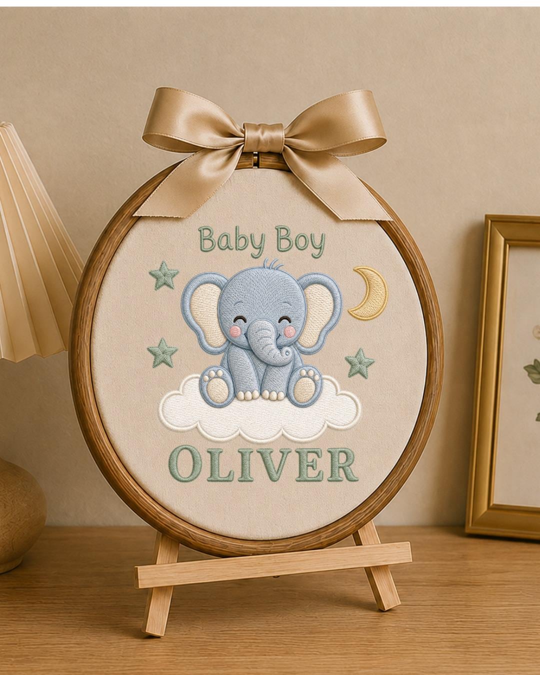 Personalized Baby Elephant Embroidered Ornament, Custom Baby Name Hoop, Baby Boy Nursery Decor, Newborn Gift, Elephant Keepsake
