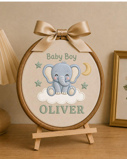 Personalized Baby Elephant Embroidered Ornament, Custom Baby Name Hoop, Baby Boy Nursery Decor, Newborn Gift, Elephant Keepsake