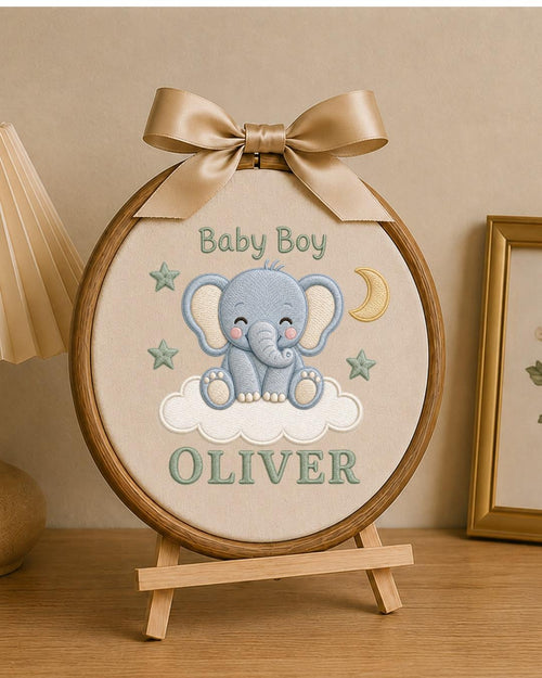 Personalized Baby Elephant Embroidered Ornament, Custom Baby Name Hoop, Baby Boy Nursery Decor, Newborn Gift, Elephant Keepsake