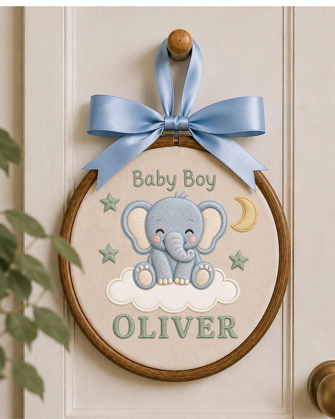 Personalized Baby Elephant Embroidered Ornament, Custom Baby Name Hoop, Baby Boy Nursery Decor, Newborn Gift, Elephant Keepsake