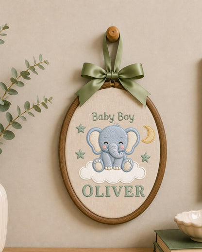 Personalized Baby Elephant Embroidered Ornament, Custom Baby Name Hoop, Baby Boy Nursery Decor, Newborn Gift, Elephant Keepsake