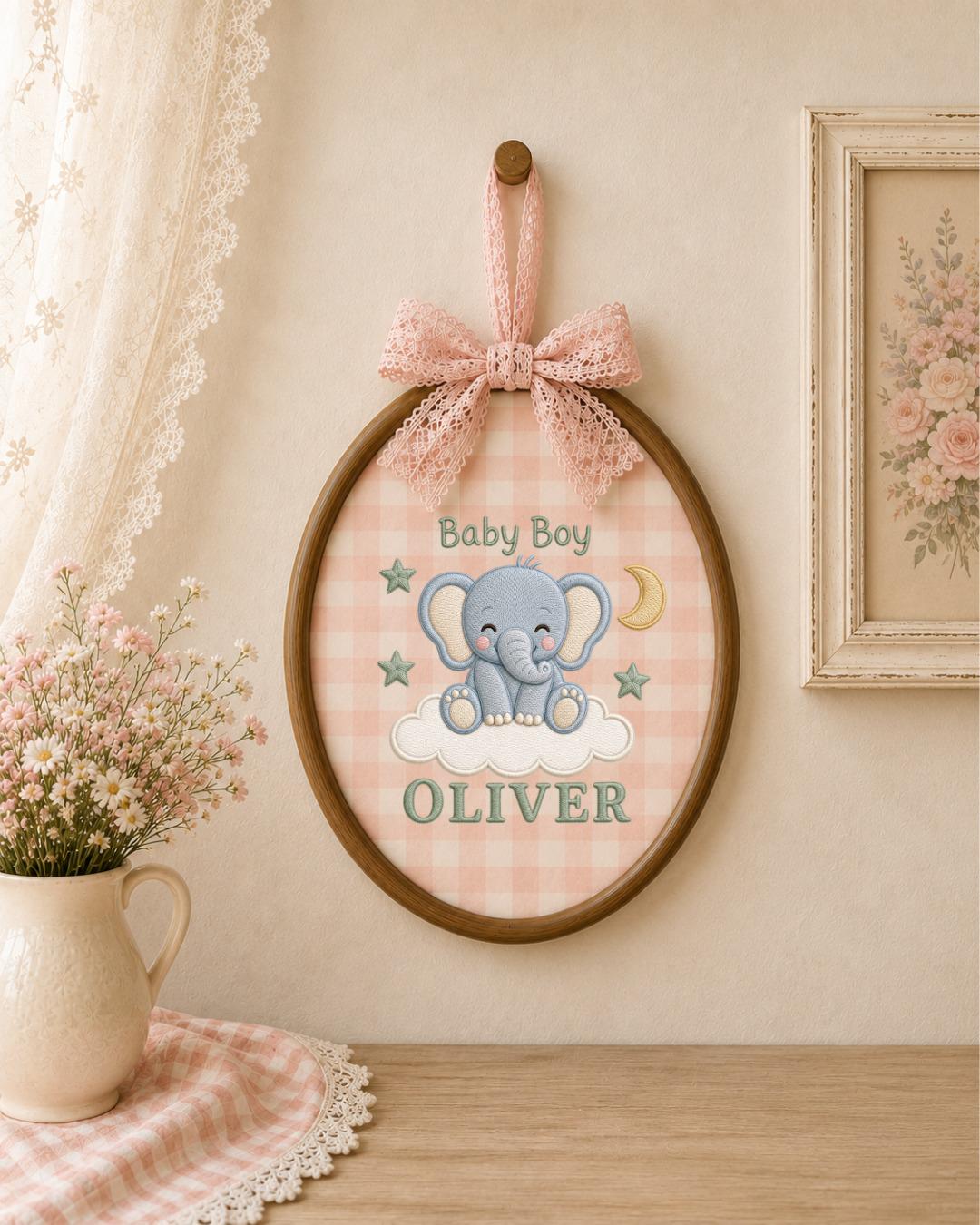 Personalized Baby Elephant Embroidered Ornament, Custom Baby Name Hoop, Baby Boy Nursery Decor, Newborn Gift, Elephant Keepsake