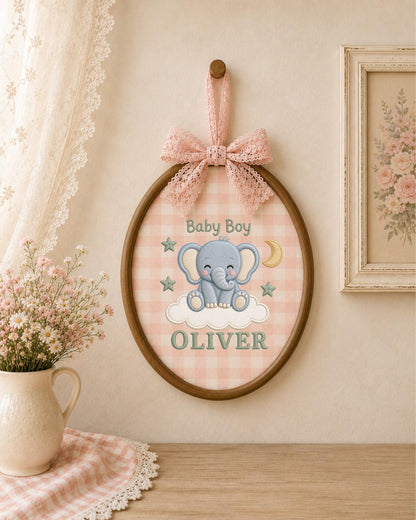 Personalized Baby Elephant Embroidered Ornament, Custom Baby Name Hoop, Baby Boy Nursery Decor, Newborn Gift, Elephant Keepsake