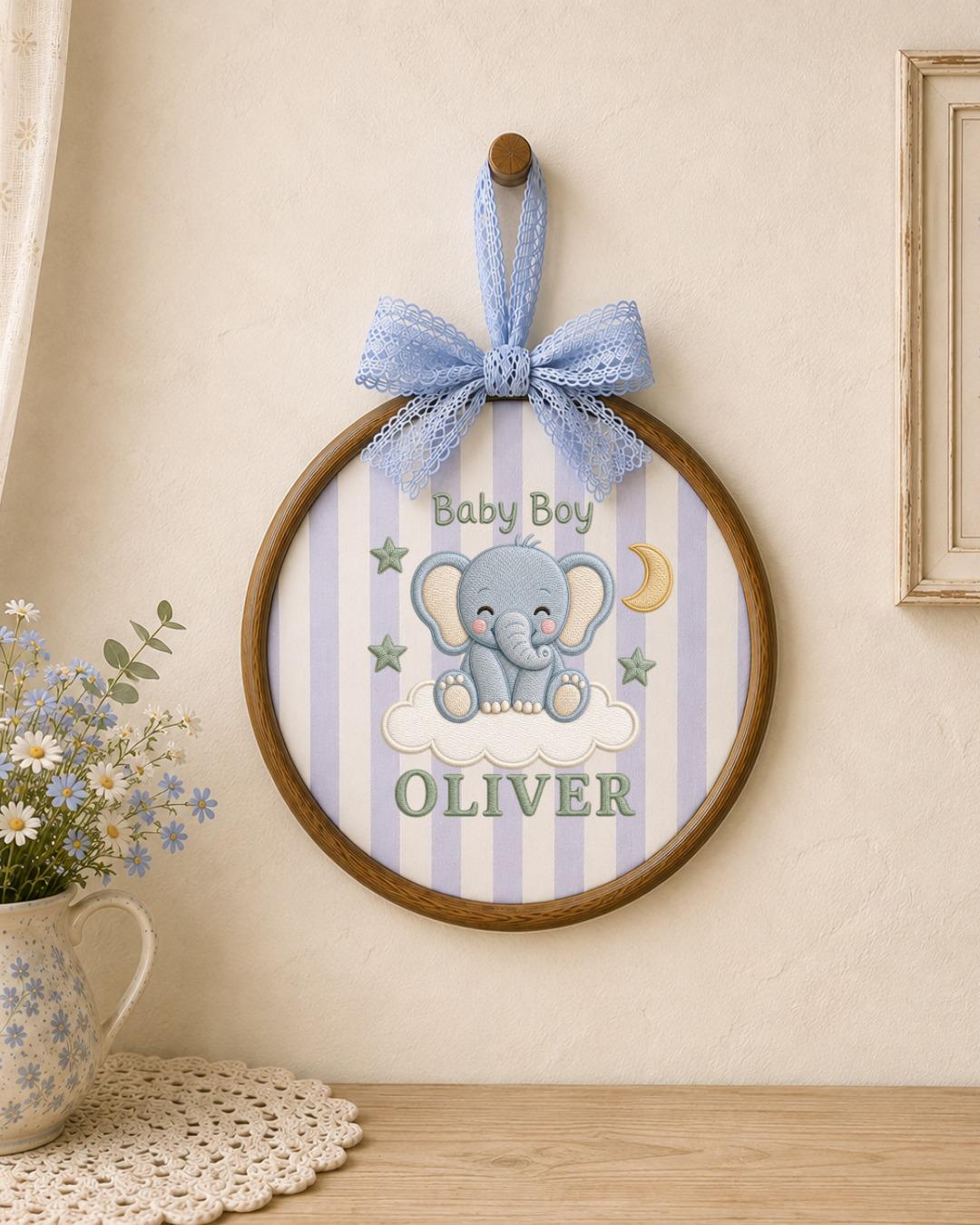 Personalized Baby Elephant Embroidered Ornament, Custom Baby Name Hoop, Baby Boy Nursery Decor, Newborn Gift, Elephant Keepsake