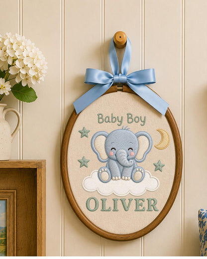 Personalized Baby Elephant Embroidered Ornament, Custom Baby Name Hoop, Baby Boy Nursery Decor, Newborn Gift, Elephant Keepsake