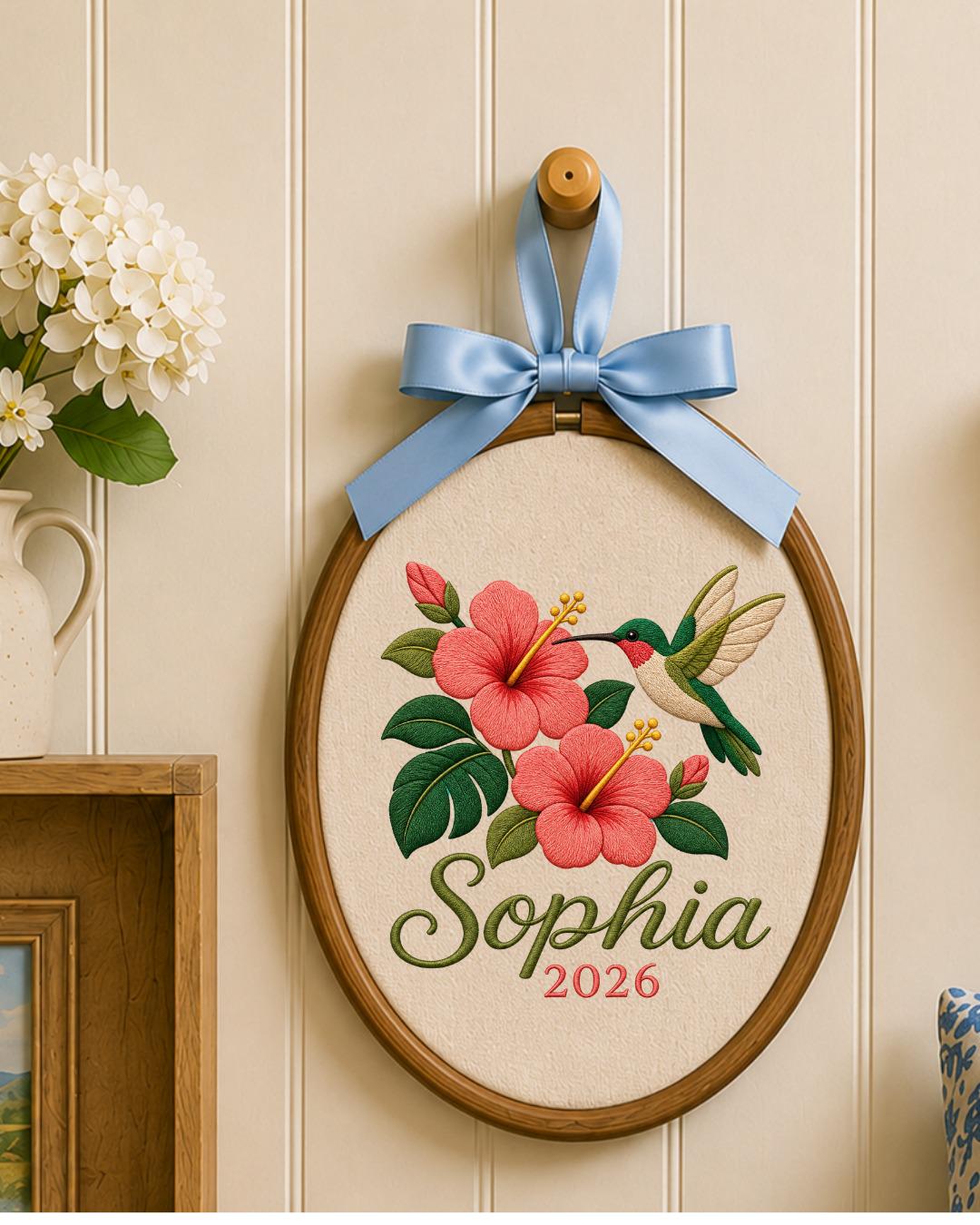 Personalized Hummingbird Embroidered Ornament, Custom Name Floral Hoop, Hibiscus Flower Decor, Tropical Bird Gift, Personalized Keepsake