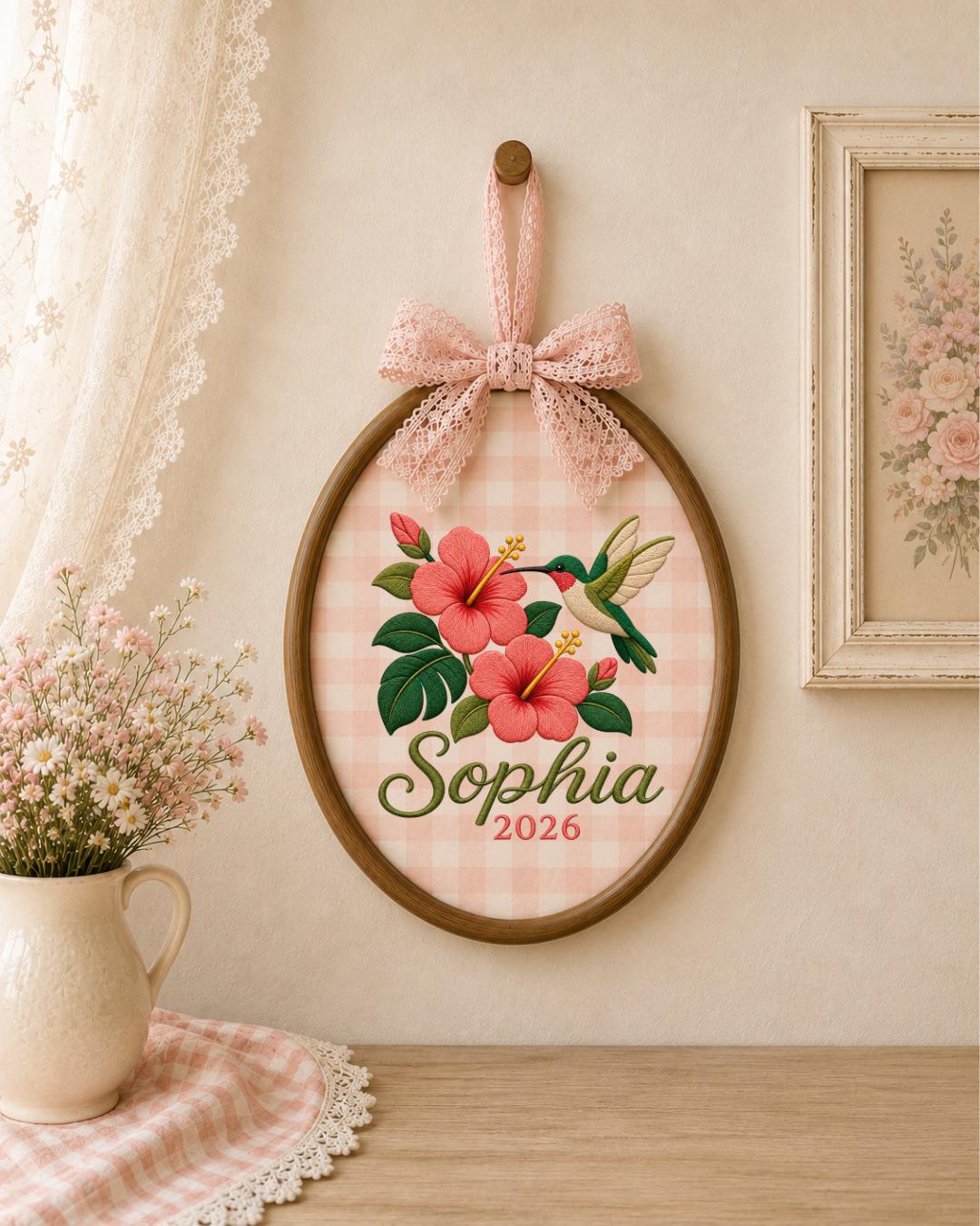 Personalized Hummingbird Embroidered Ornament, Custom Name Floral Hoop, Hibiscus Flower Decor, Tropical Bird Gift, Personalized Keepsake