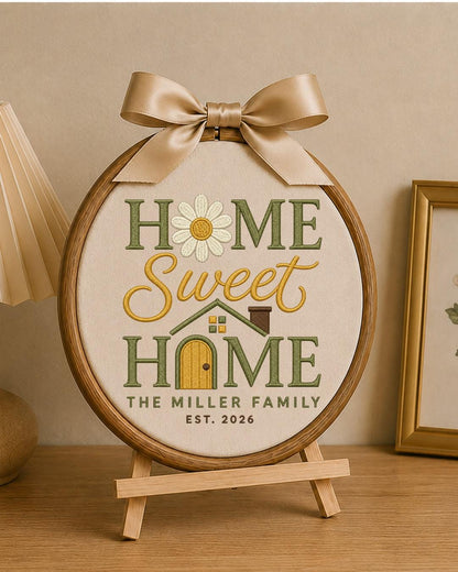 Personalized Home Sweet Home Embroidered Ornament, Custom Family Name Hoop, New Home Gift, Housewarming Keepsake, Family Established Decor