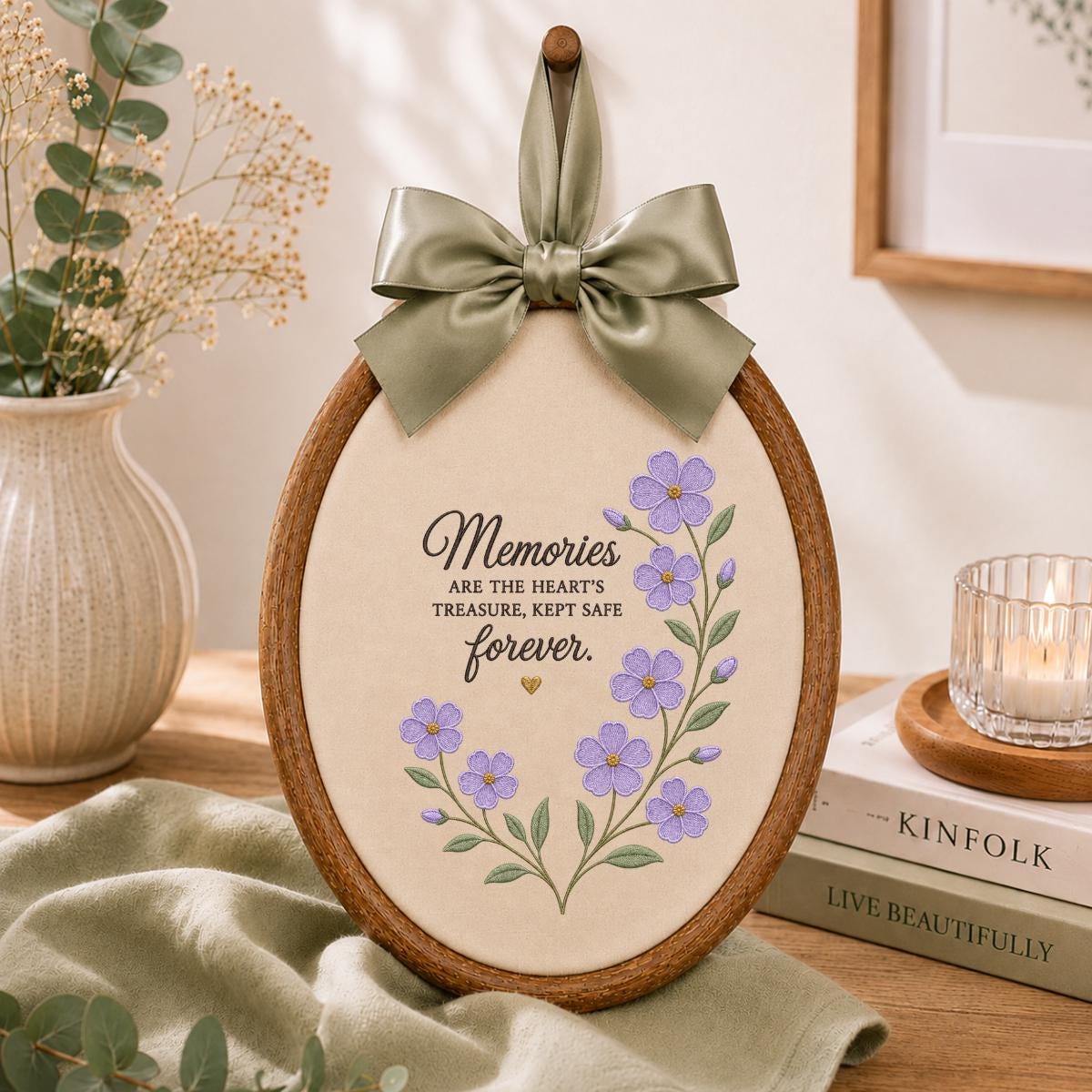 Memorial Wall Art Round Hoop Decor, Embroidered Purple Floral Memories Are The Hearts Treasure Sign, Sympathy Loss of Loved One Gift