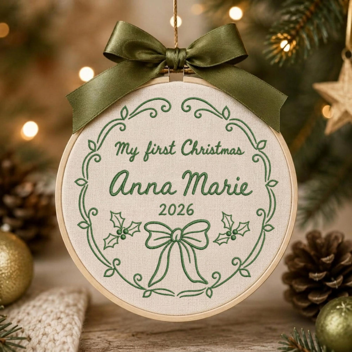 May include: A round wooden embroidery hoop ornament featuring off-white fabric with green embroidered text reading My first Christmas Anna Marie 2026. The design includes a green floral wreath, holly leaves, and a bow, topped with a green satin ribbon.