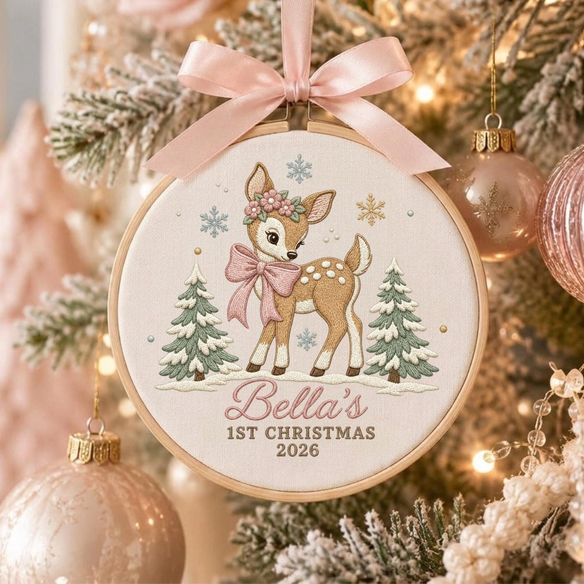 May include: A round wooden embroidery hoop ornament featuring a light brown fawn with a pink bow and flower crown, flanked by two green pine trees. The text reads Bella's 1ST CHRISTMAS 2026. A soft pink satin ribbon is tied at the top of the hoop.