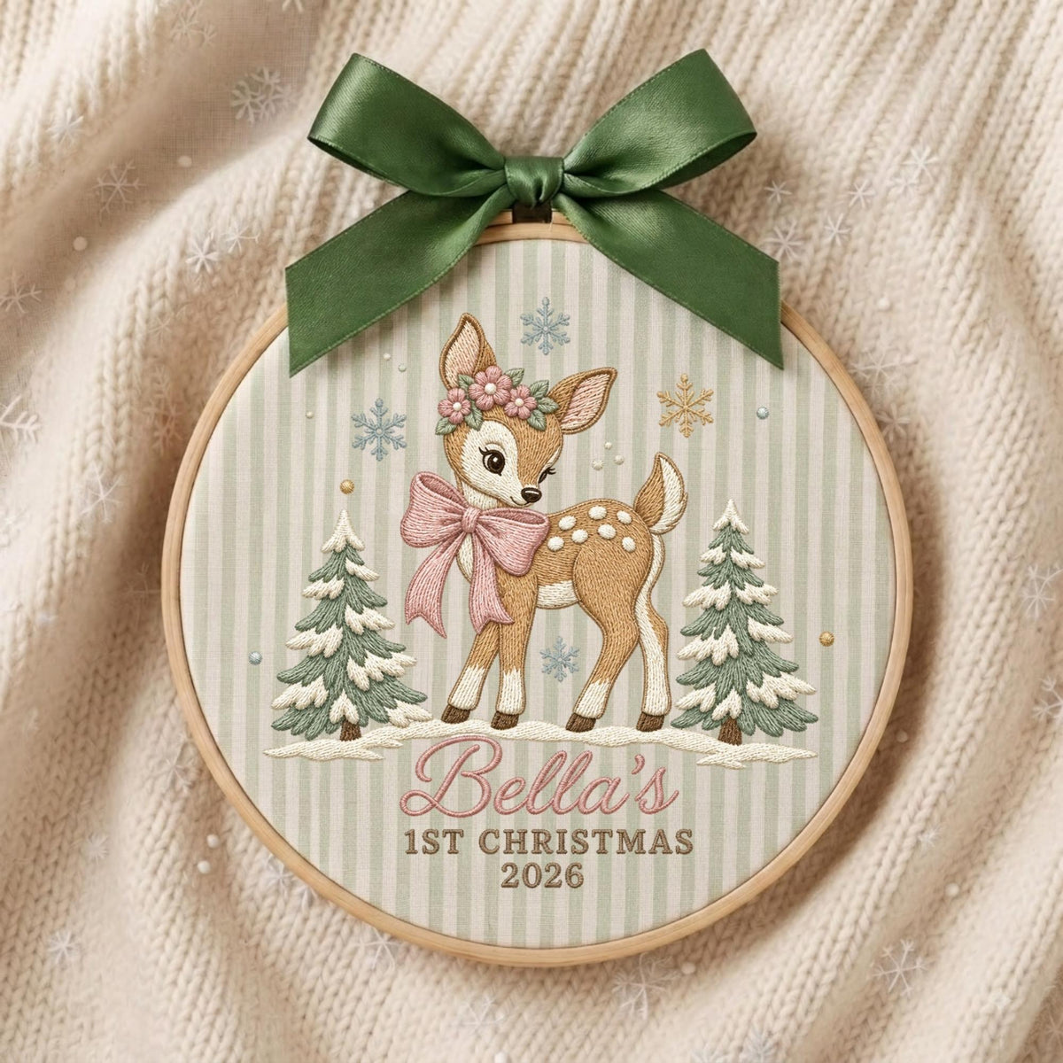 May include: A circular embroidery hoop featuring a fawn with a pink bow and flower crown, flanked by two pine trees on a striped background. The text reads Bella's 1ST CHRISTMAS 2026. A dark green satin ribbon is tied in a bow at the top of the hoop.