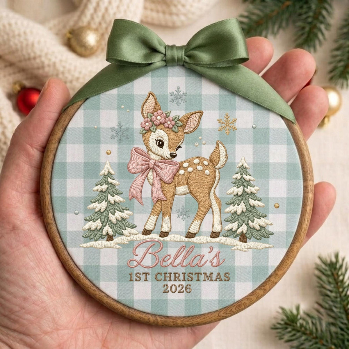 May include: A round wooden embroidery hoop ornament featuring a light blue and white gingham fabric background. The design shows a fawn with a pink flower crown and bow, flanked by two snowy pine trees. Text reads Bella's 1ST CHRISTMAS 2026.