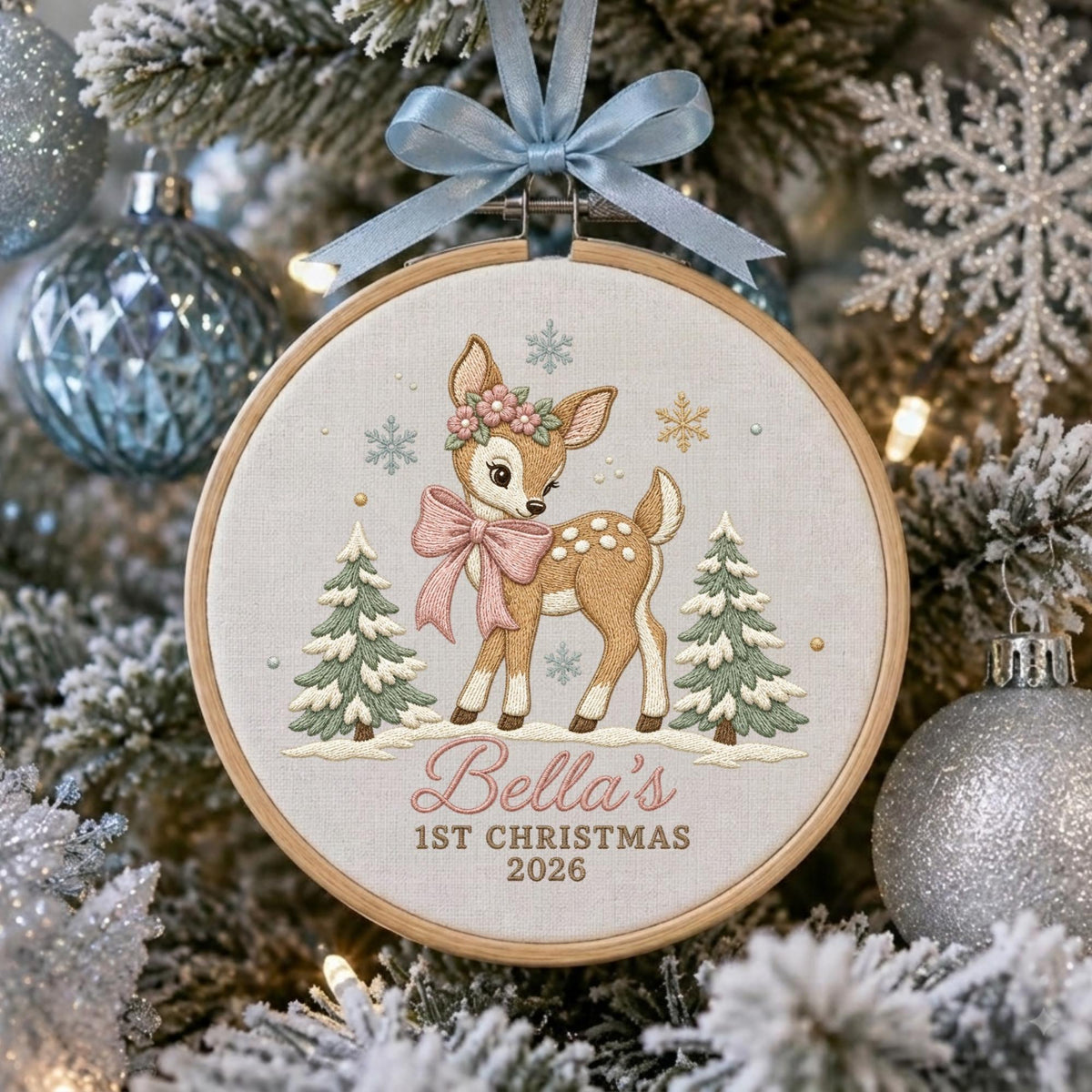 May include: A circular wooden embroidery hoop ornament featuring a light-colored fabric background with a stitched fawn wearing a pink bow and floral crown, flanked by two pine trees, with the text Bella's 1ST CHRISTMAS 2026 and a blue ribbon.