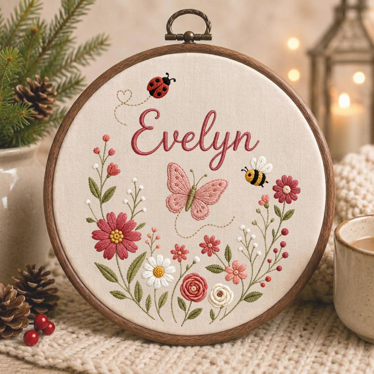 May include: A circular wooden embroidery hoop containing cream-colored fabric with the name Evelyn stitched in dark pink. The design features a pink butterfly, a ladybug, a bee, and a floral arrangement of pink, red, and white flowers.