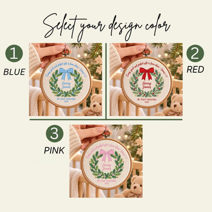 May include: Three circular embroidery hoop ornaments featuring a wreath design with a bow in blue, red, or pink. Each ornament displays the text 'Every good and perfect gift is from above - James 1:17', 'Henry James', and 'MY FIRST CHRISTMAS 2024'.