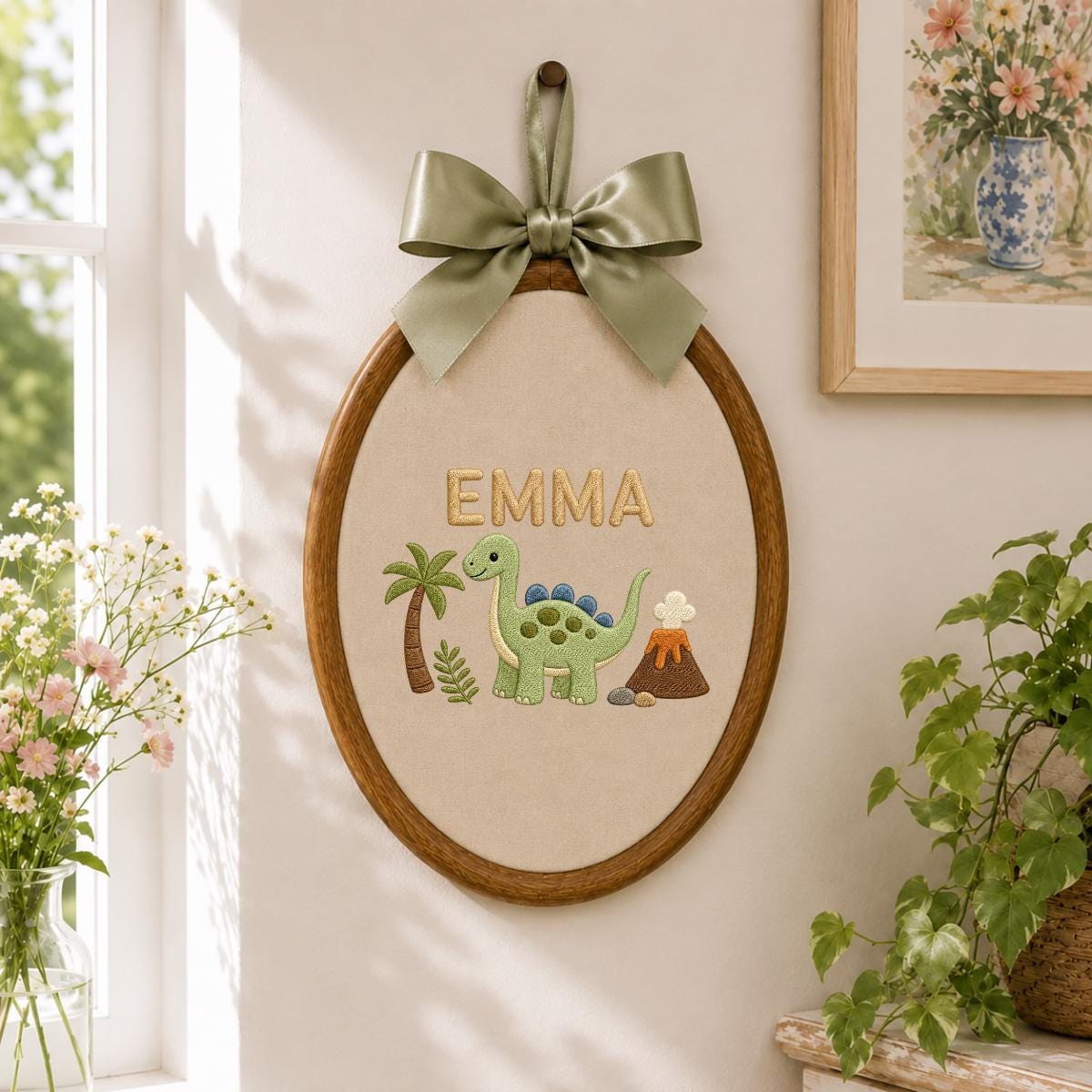 Personalized Cute Dinosaur Round Hoop Decor, Custom Embroidered Brontosaurus Name Sign, Baby Boy Girl Birthday Gift, Nursery Wall Art