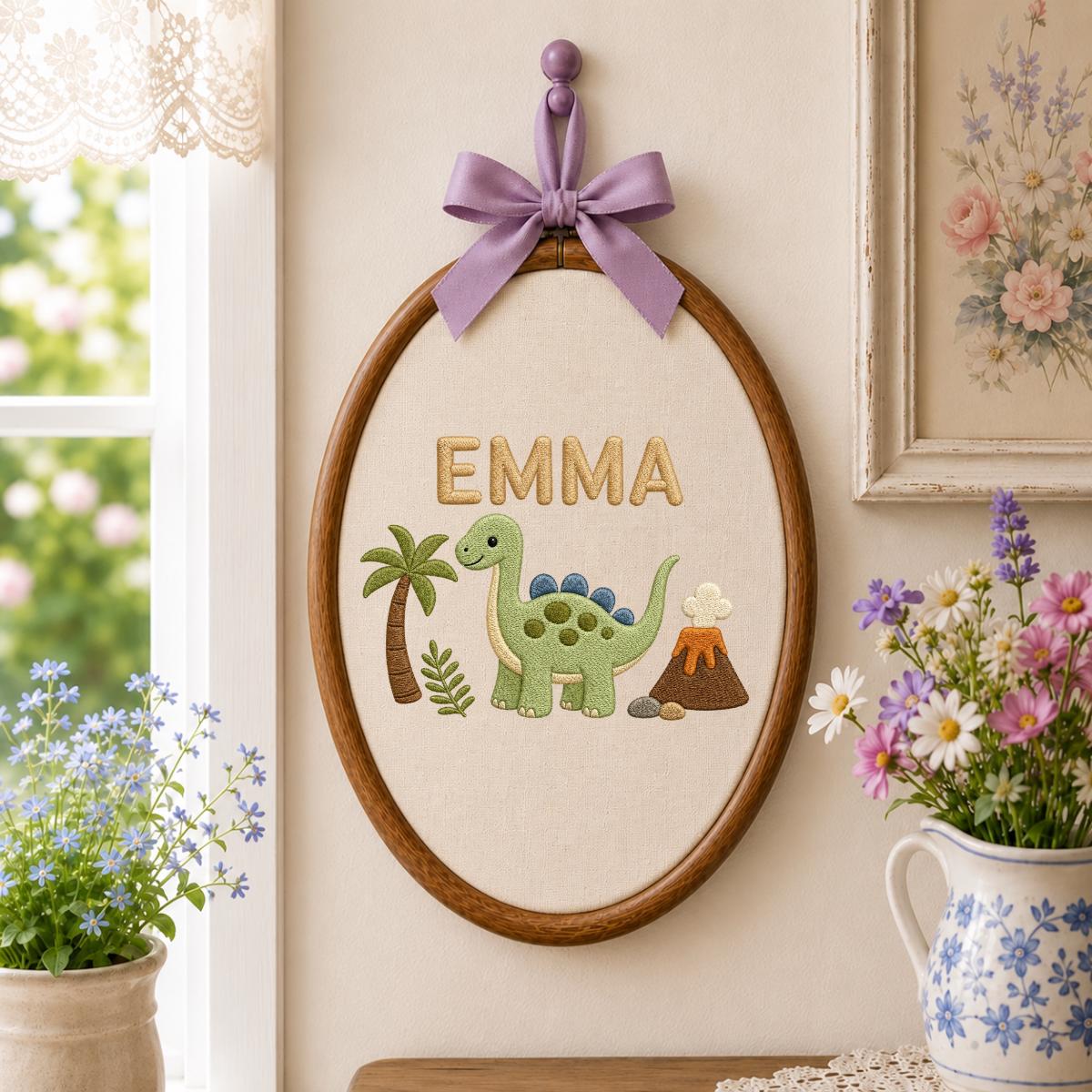 Personalized Cute Dinosaur Round Hoop Decor, Custom Embroidered Brontosaurus Name Sign, Baby Boy Girl Birthday Gift, Nursery Wall Art