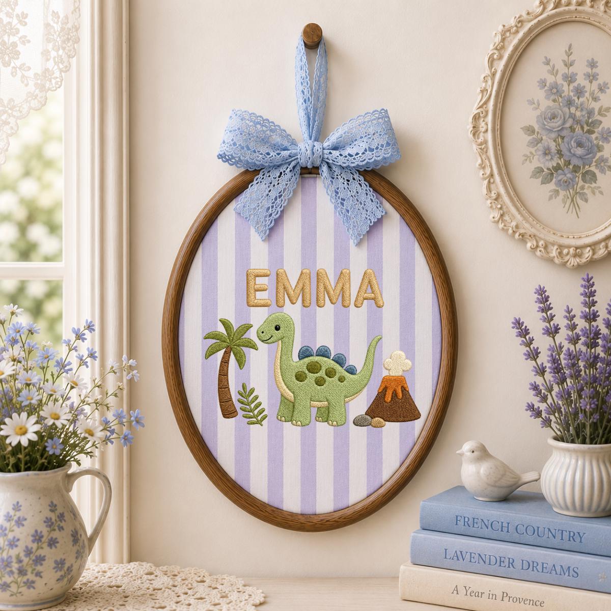 Personalized Cute Dinosaur Round Hoop Decor, Custom Embroidered Brontosaurus Name Sign, Baby Boy Girl Birthday Gift, Nursery Wall Art