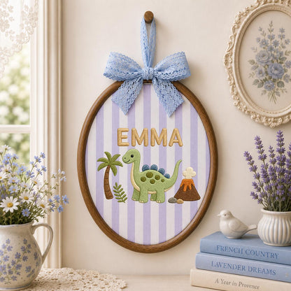 Personalized Cute Dinosaur Round Hoop Decor, Custom Embroidered Brontosaurus Name Sign, Baby Boy Girl Birthday Gift, Nursery Wall Art
