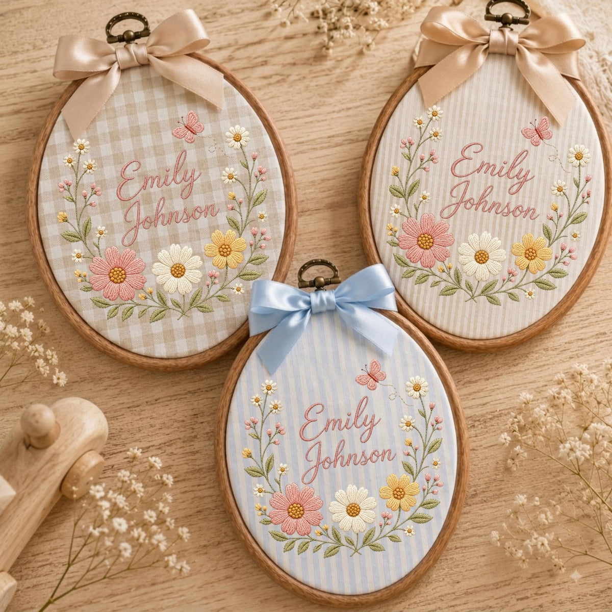 May include: Three oval wooden embroidery hoops featuring fabric backgrounds with floral embroidery, a butterfly, and the name Emily Johnson in cursive script. Each hoop is topped with a satin ribbon bow in beige or light blue.