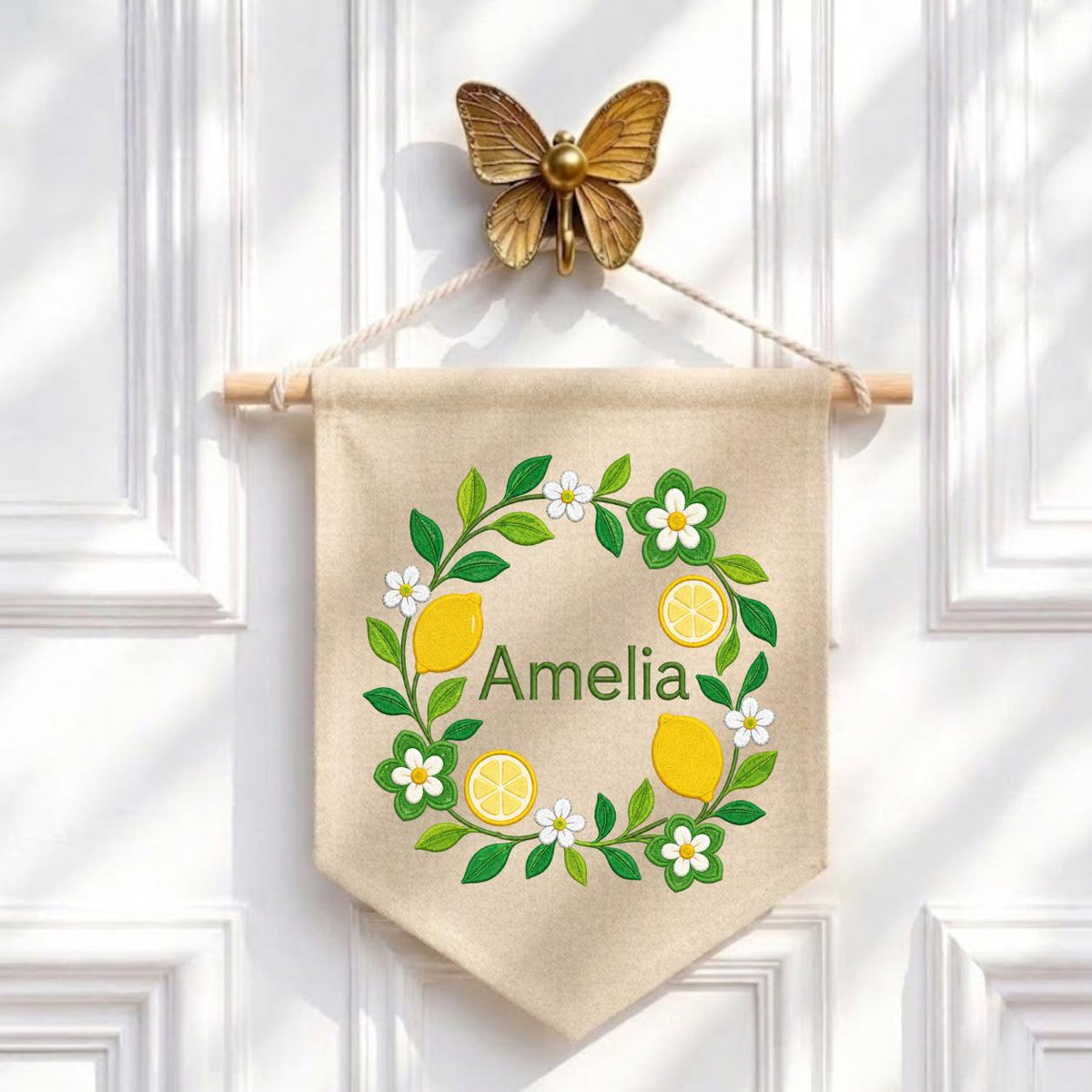 Personalized Citrus Lemon Canvas Pennant Banner Decor, Custom Embroidered Floral Fruit Name Sign, Housewarming Gift, Baby Shower Decor