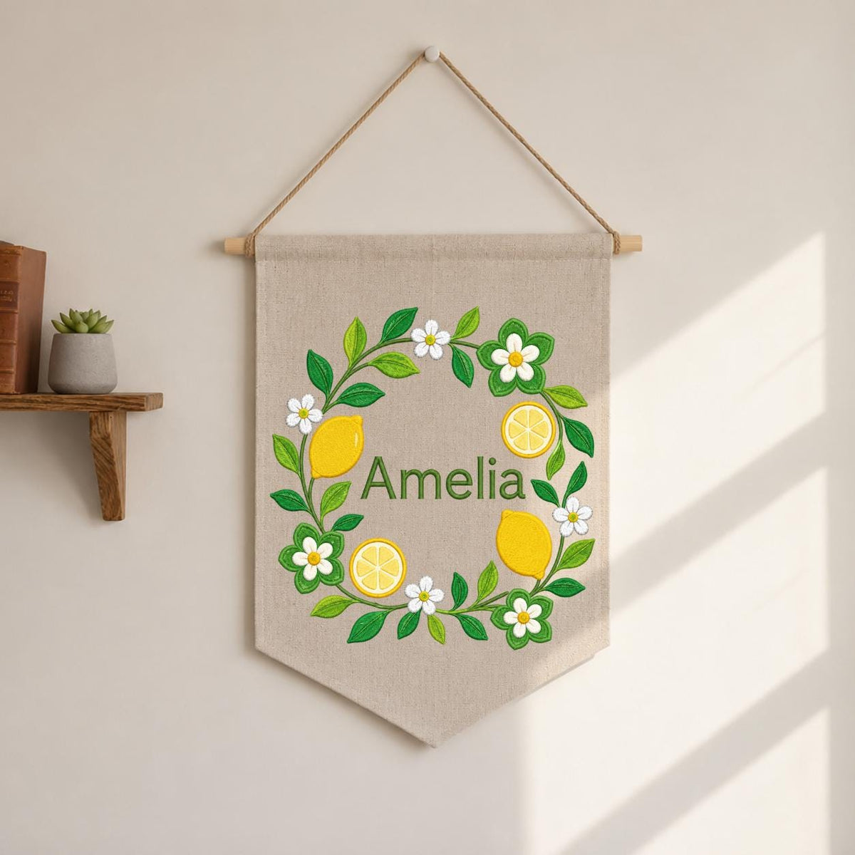 Personalized Citrus Lemon Canvas Pennant Banner Decor, Custom Embroidered Floral Fruit Name Sign, Housewarming Gift, Baby Shower Decor