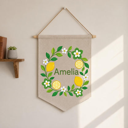 Personalized Citrus Lemon Canvas Pennant Banner Decor, Custom Embroidered Floral Fruit Name Sign, Housewarming Gift, Baby Shower Decor