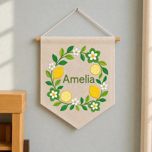 Personalized Citrus Lemon Canvas Pennant Banner Decor, Custom Embroidered Floral Fruit Name Sign, Housewarming Gift, Baby Shower Decor